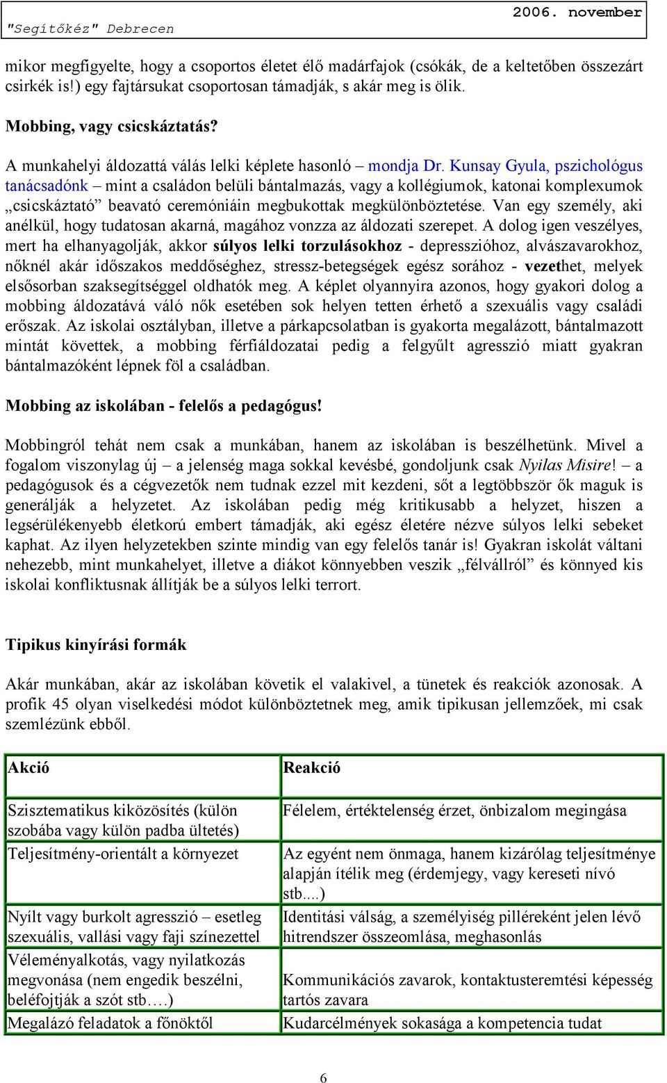 Kunsay Gyula, pszichológus tanácsadónk mint a családon belüli bántalmazás, vagy a kollégiumok, katonai komplexumok csicskáztató beavató ceremóniáin megbukottak megkülönböztetése.