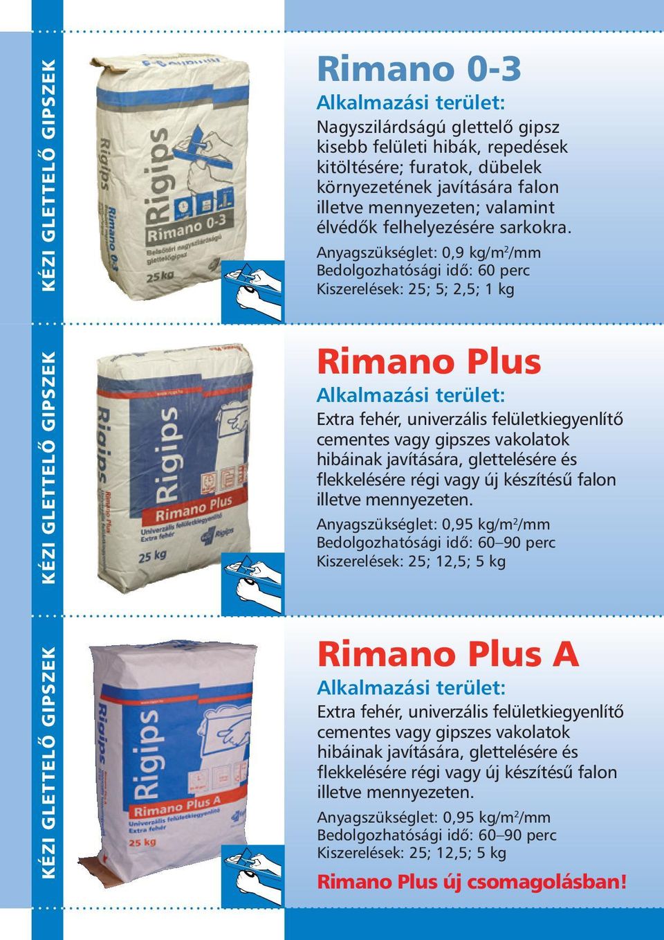 Anyagszükséglet: 0,9 kg/m 2 /mm Bedolgozhatósági idô: 60 perc Kiszerelések: 25; 5; 2,5; 1 kg KÉZI GLETTELÔ GIPSZEK Rimano Plus Extra fehér, univerzális felületkiegyenlítô cementes vagy gipszes