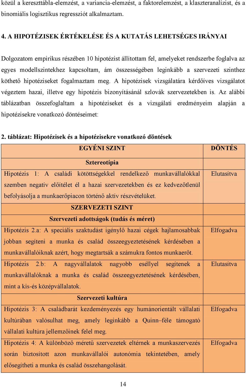 összességében leginkább a szervezeti szinthez köthető hipotéziseket fogalmaztam meg.