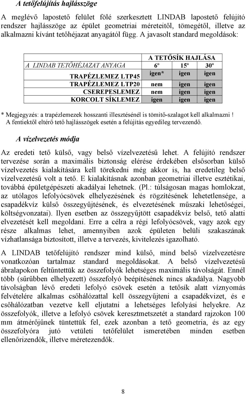 A javasolt standard megoldások: A TETŐSÍK HAJLÁSA A LINDAB TETŐHÉJAZAT ANYAGA 6º 15º 30º TRAPÉZLEMEZ LTP45 igen* igen igen TRAPÉZLEMEZ LTP20 nem igen igen CSEREPESLEMEZ nem igen igen KORCOLT SÍKLEMEZ