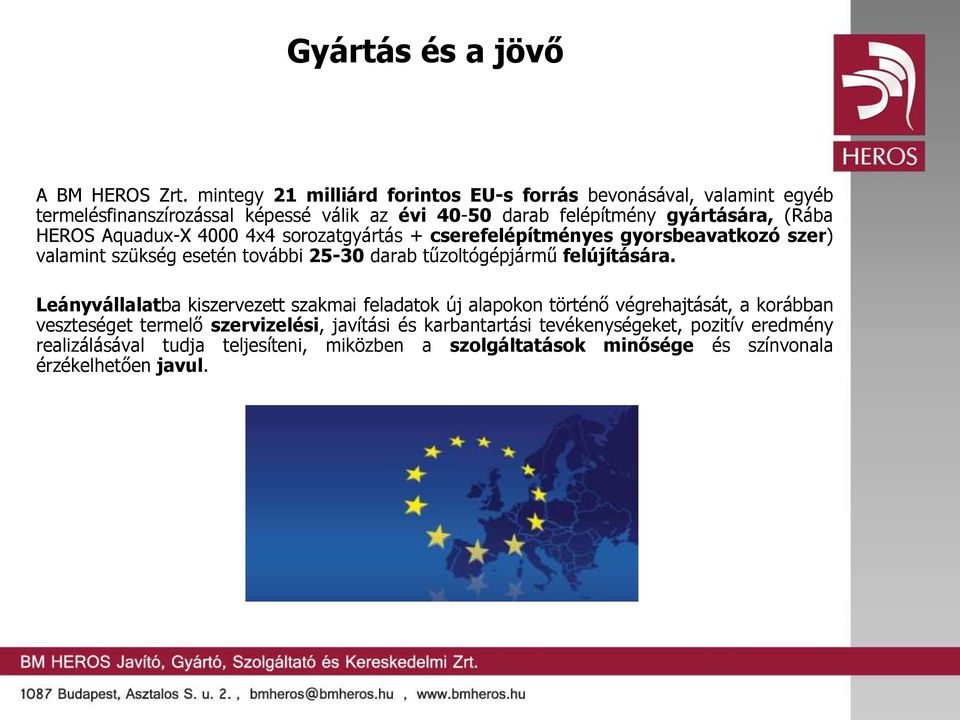 HEROS Aquadux-X 4000 4x4 sorozatgyártás + cserefelépítményes gyorsbeavatkozó szer) valamint szükség esetén további 25-30 darab tűzoltógépjármű felújítására.