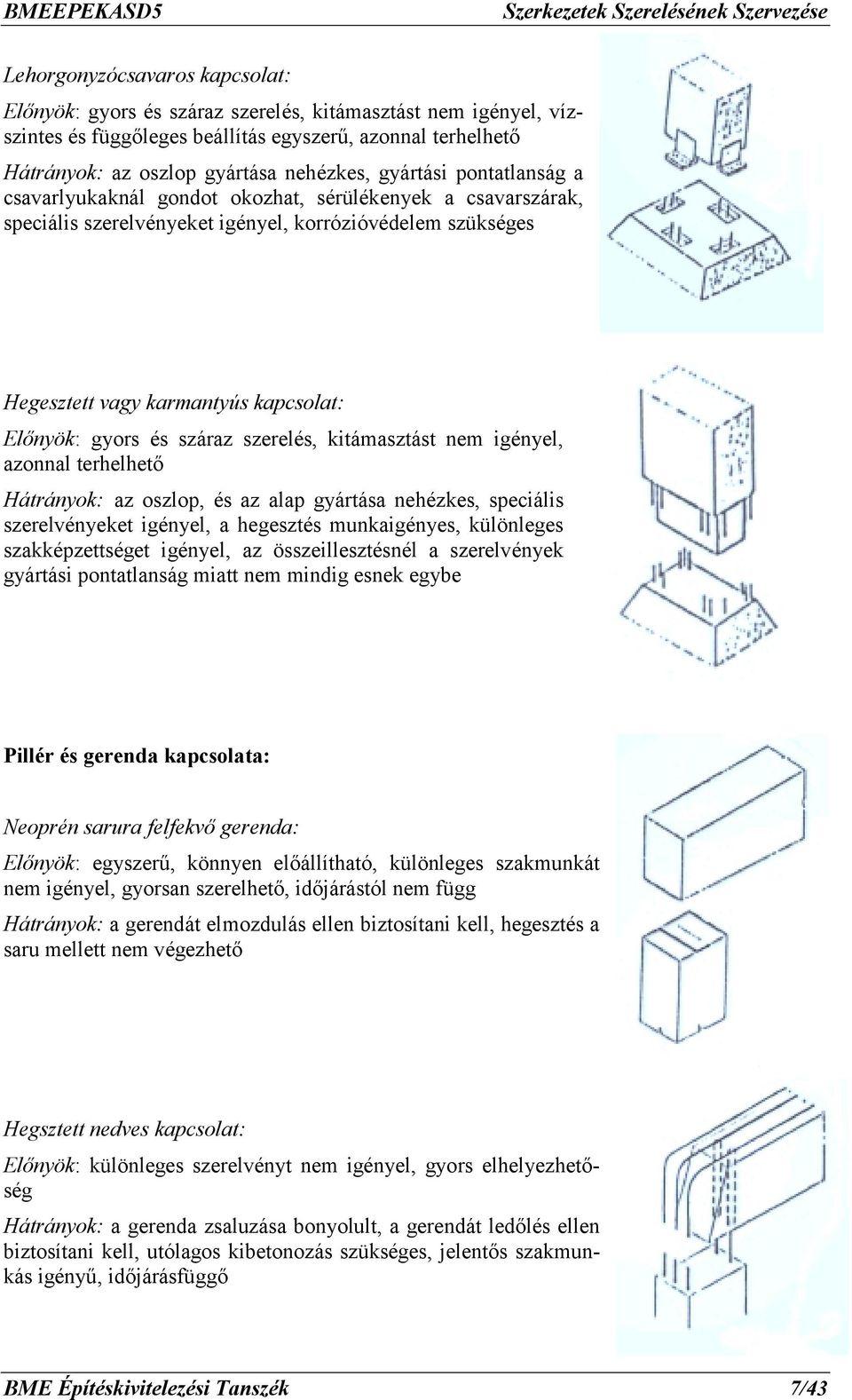 és száraz szerelés, kitámasztást nem igényel, azonnal terhelhető Hátrányok: az oszlop, és az alap gyártása nehézkes, speciális szerelvényeket igényel, a hegesztés munkaigényes, különleges