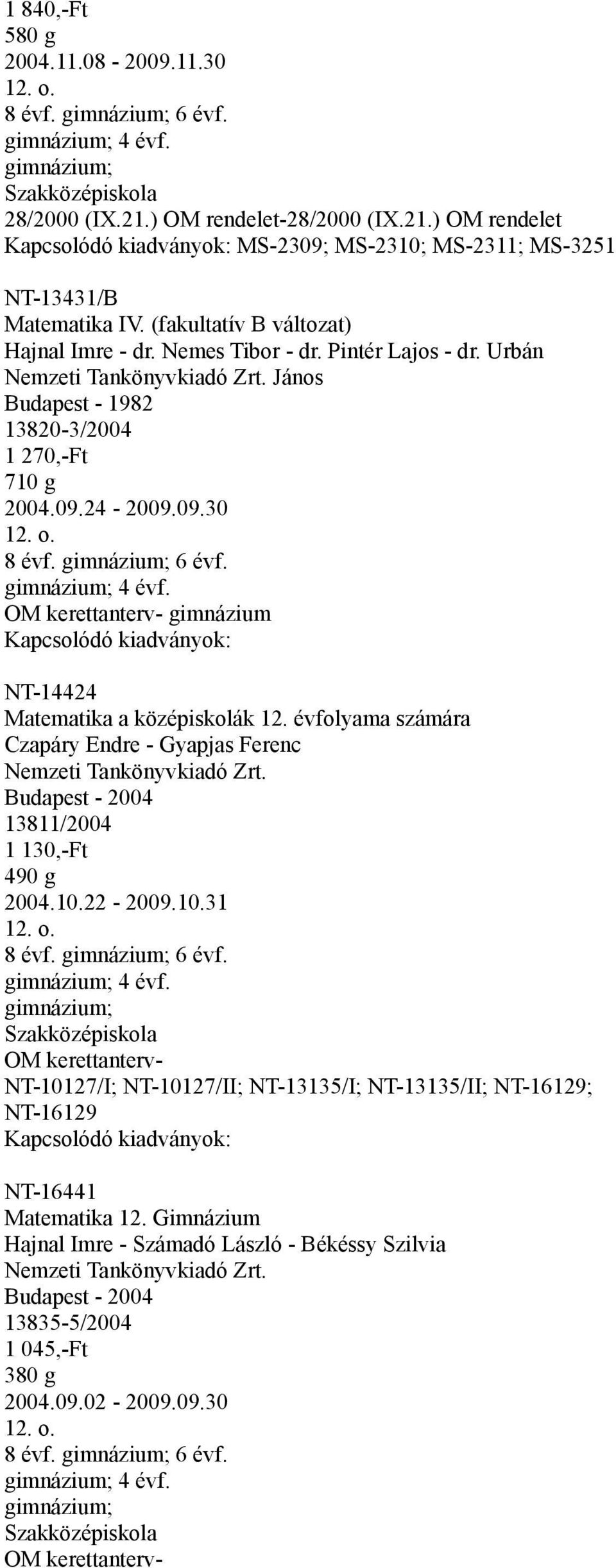 évfolyama számára Czapáry Endre - Gyapjas Ferenc Budapest - 2004 13811/2004 1 130,-Ft 490 g 2004.10.22-2009.10.31 12. o.