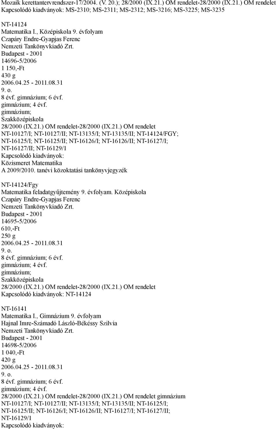 31 NT-10127/I; NT-10127/II; NT-13135/I; NT-13135/II; NT-14124/FGY; NT-16125/I; NT-16125/II; NT-16126/I; NT-16126/II; NT-16127/I; NT-16127/II; NT-16129/1 Közismeret Matematika NT-14124/Fgy Matematika