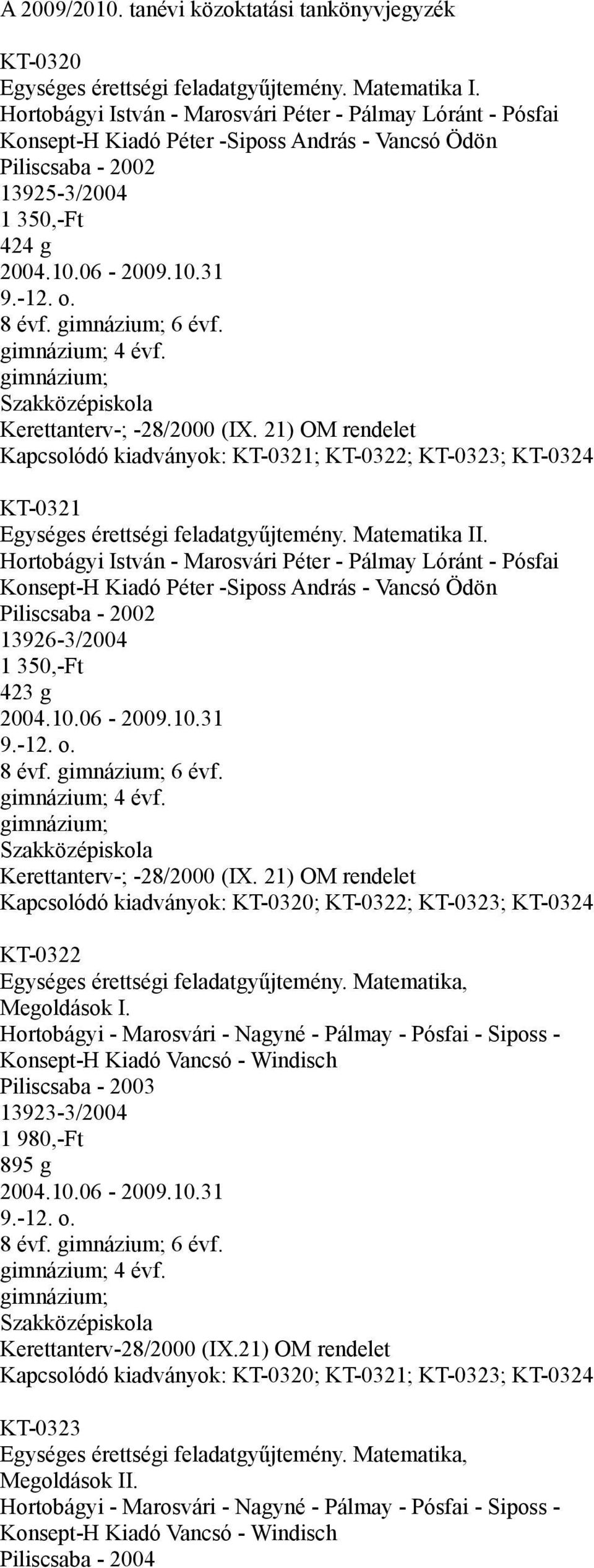 21) OM rendelet KT-0321; KT-0322; KT-0323; KT-0324 KT-0321 Egységes érettségi feladatgyűjtemény. Matematika II.