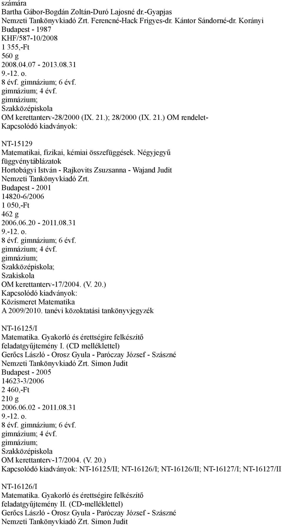 Négyjegyű függvénytáblázatok Hortobágyi István - Rajkovits Zsuzsanna - Wajand Judit Budapest - 2001 14820-6/2006 1 050,-Ft 462 g 2006.06.20-2011.08.31 ; Szakiskola OM kerettanterv-17/2004. (V. 20.) Közismeret Matematika NT-16125/I Matematika.