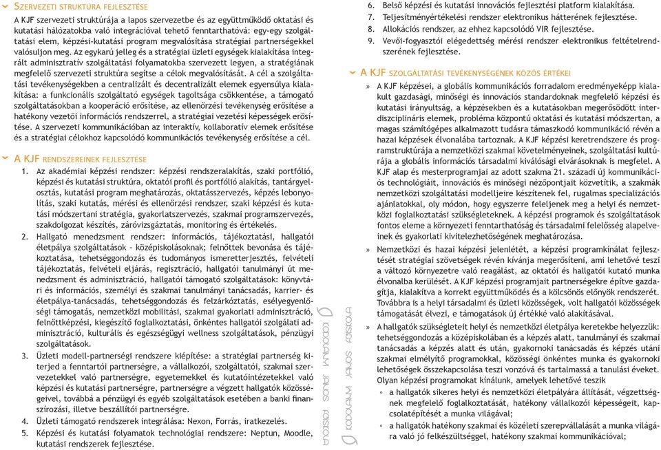 Az egykarú jelleg és a stratégiai üzleti egységek kialakítása integrált adminisztratív szolgáltatási folyamatokba szervezett legyen, a stratégiának megfelelő szervezeti struktúra segítse a célok