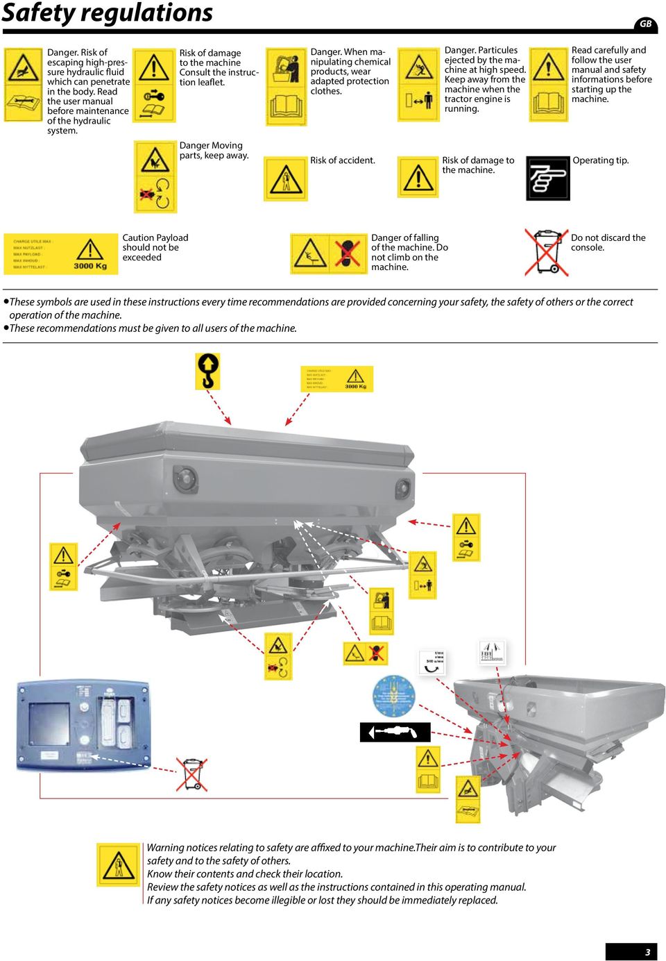 Keep away from the machine when the tractor engine is running. Read carefully and follow the user manual and safety informations before starting up the machine. Danger Moving parts, keep away.