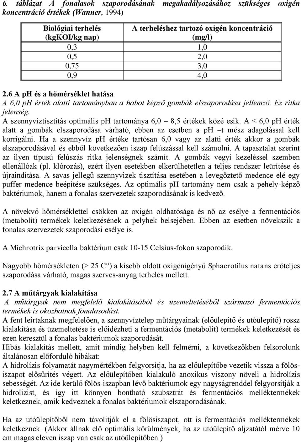 A szennyvíztisztítás optimális ph tartománya 6,0 8,5 értékek közé esik. A < 6,0 ph érték alatt a gombák elszaporodása várható, ebben az esetben a ph t mész adagolással kell korrigálni.