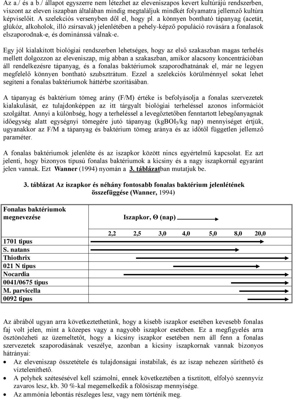 a könnyen bontható tápanyag (acetát, glükóz, alkoholok, illó zsírsavak) jelenlétében a pehely-képző populáció rovására a fonalasok elszaporodnak-e, és dominánssá válnak-e.