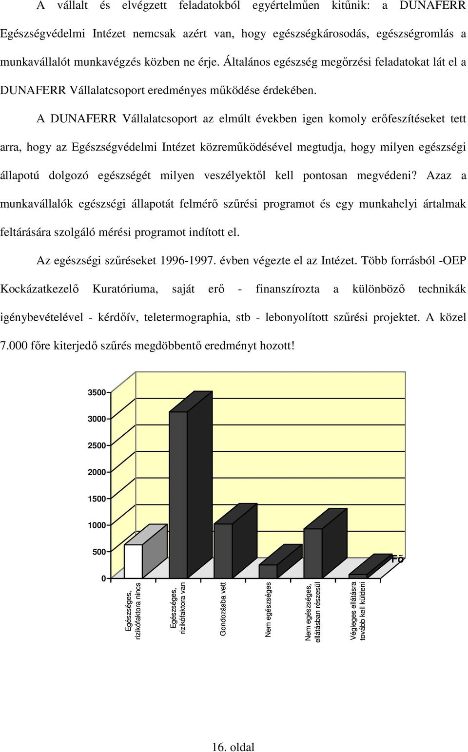 A DUNAFERR Vállalatcsoport az elmúlt években igen komoly erıfeszítéseket tett arra, hogy az Egészségvédelmi Intézet közremőködésével megtudja, hogy milyen egészségi állapotú dolgozó egészségét milyen