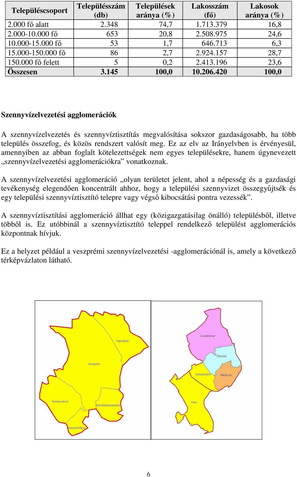 420 100,0 Szennyvízelvezetési agglomerációk A szennyvízelvezetés és szennyvíztisztítás megvalósítása sokszor gazdaságosabb, ha több település összefog, és közös rendszert valósít meg.