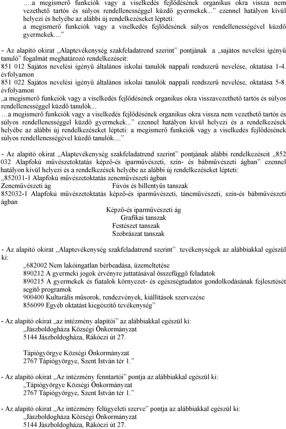 .. - Az alapító okirat Alaptevékenység szakfeladatrend szerint pontjának a sajátos nevelési igényű tanuló fogalmát meghatározó rendelkezéseit: 851 012 Sajátos nevelési igényű általános iskolai