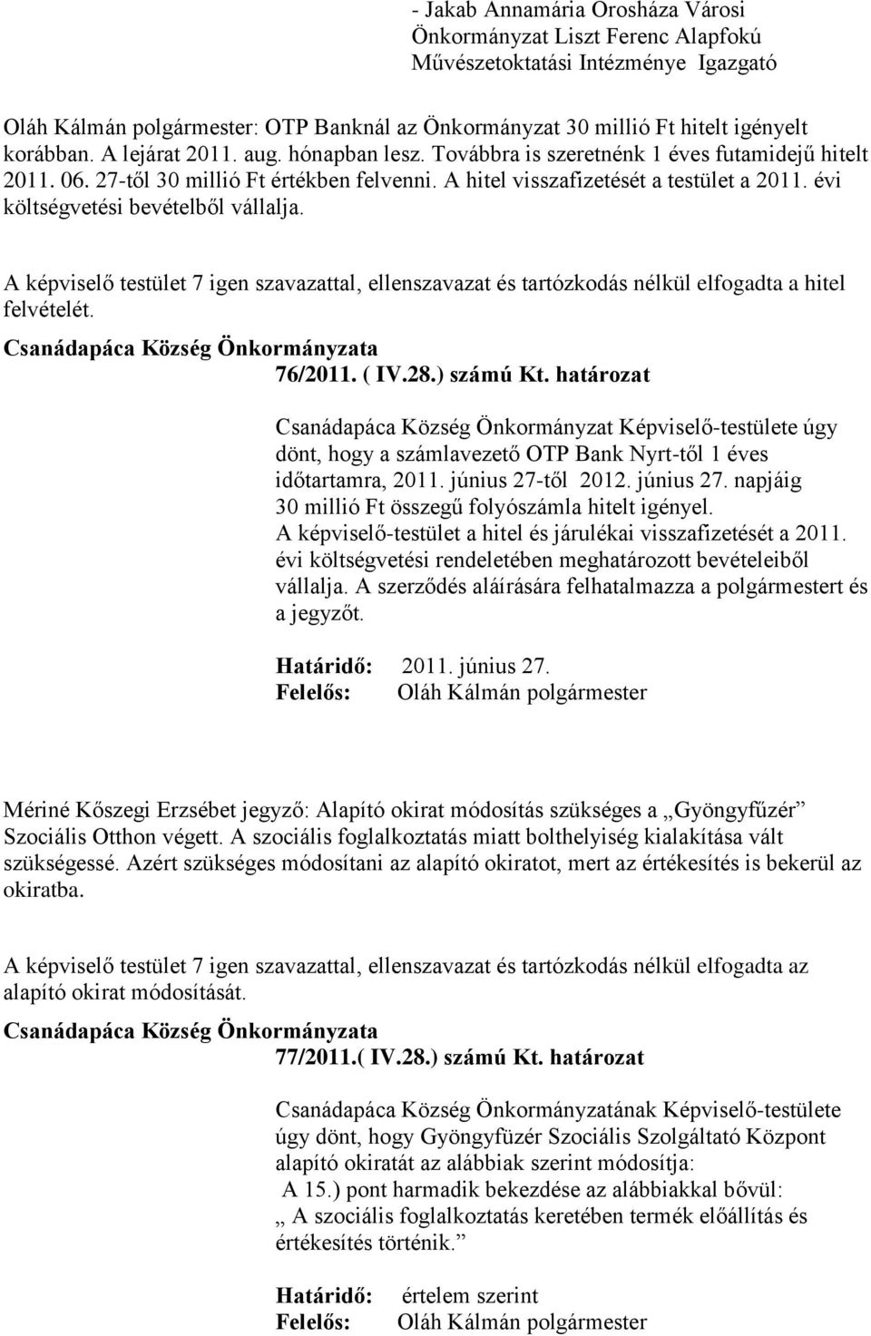 A képviselő testület 7 igen szavazattal, ellenszavazat és tartózkodás nélkül elfogadta a hitel felvételét. 76/2011. ( IV.28.) számú Kt.