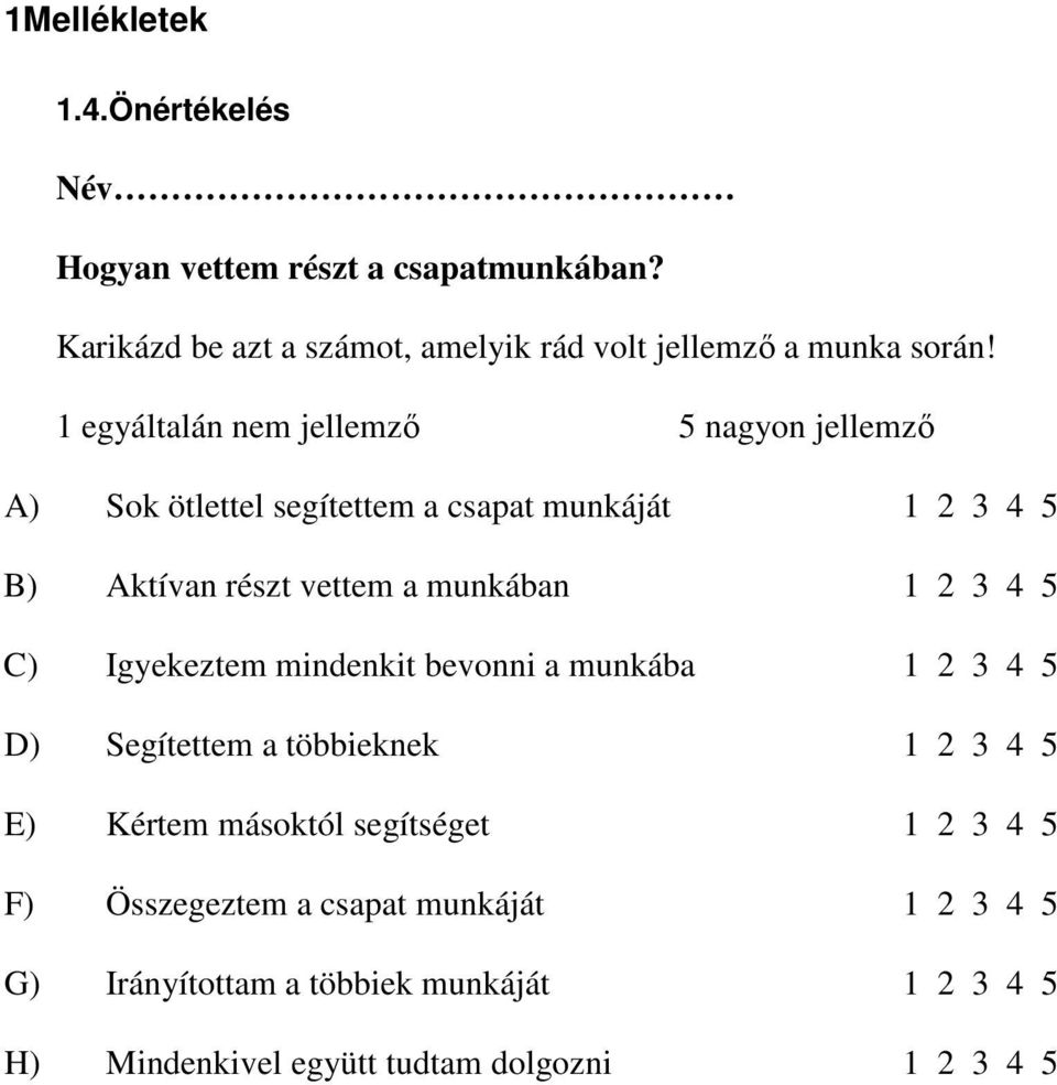 2 3 4 5 C) Igyekeztem mindenkit bevonni a munkába 1 2 3 4 5 D) Segítettem a többieknek 1 2 3 4 5 E) Kértem másoktól segítséget 1 2 3 4 5