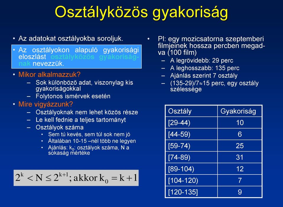 Osztályoknak nem lehet közös része Le kell fednie a teljes tartományt Osztályok száma Sem tú kevés, sem túl sok nem jó Általában 10-15 nél több ne legyen Ajánlás: k 0 : osztályok száma, N a