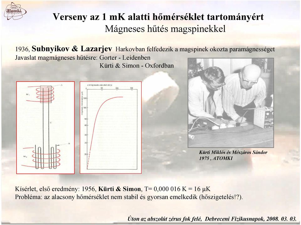 Kürti & Simon - Oxfordban Kürti Miklós és Mészáros Sándor 1975, ATOMKI Kísérlet, első eredmény: 1956, Kürti