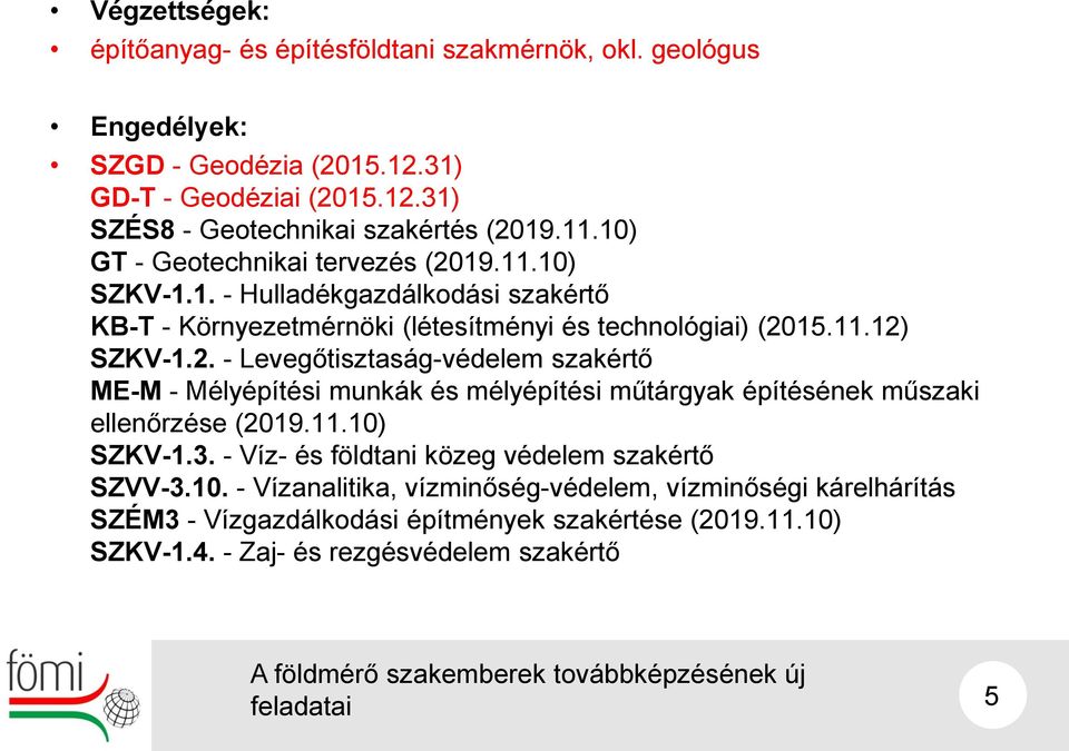 11.10) SZKV-1.3. - Víz- és földtani közeg védelem szakértő SZVV-3.10. - Vízanalitika, vízminőség-védelem, vízminőségi kárelhárítás SZÉM3 - Vízgazdálkodási építmények szakértése (2019.