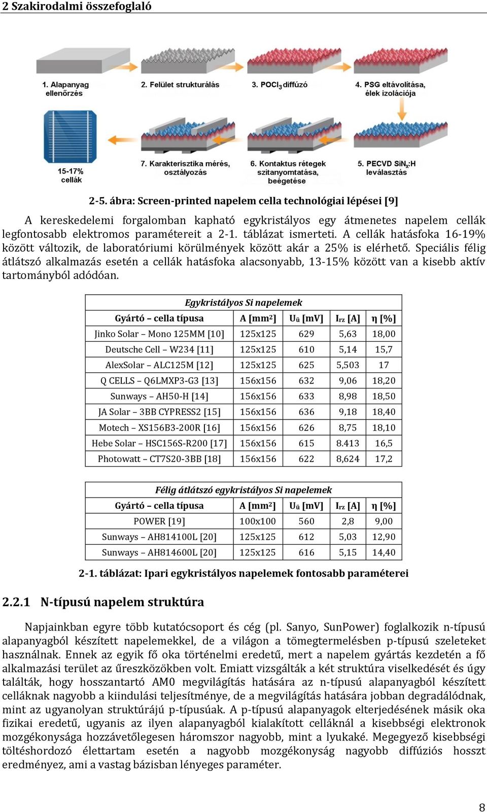 táblázat ismerteti. A cellák hatásfoka 16-19% között változik, de laboratóriumi körülmények között akár a 25% is elérhető.