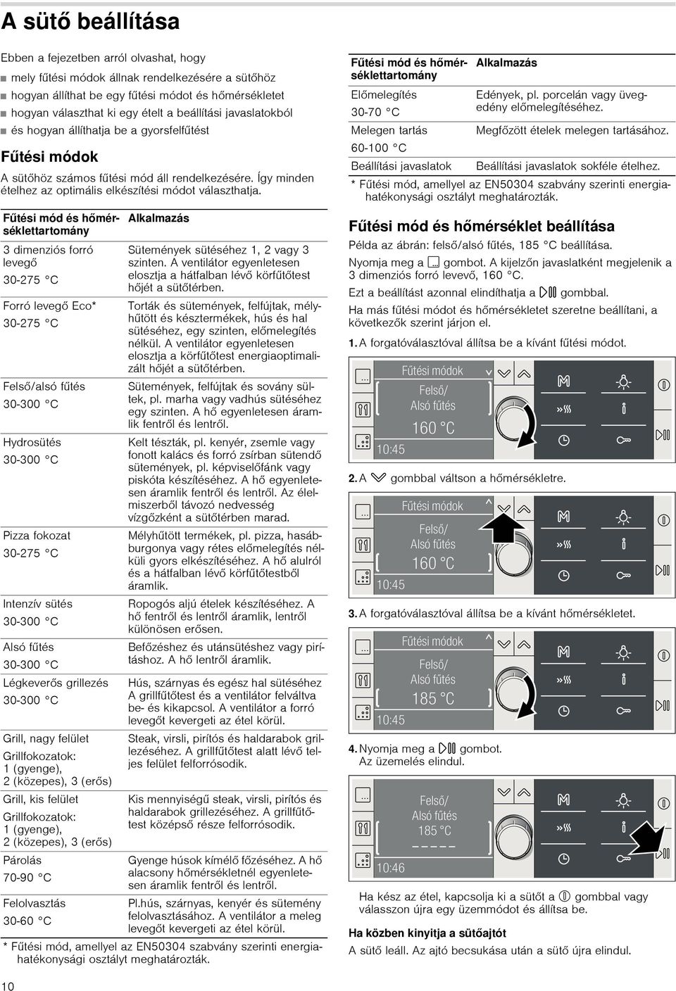 Fűtési mód és hőmérséklettartomány 3 dimenziós forró levegő 30-275 C Forró levegő Eco* 30-275 C Felső/alsó fűtés 30-300 C Hydrosütés 30-300 C Pizza fokozat 30-275 C Intenzív sütés 30-300 C Alsó fűtés