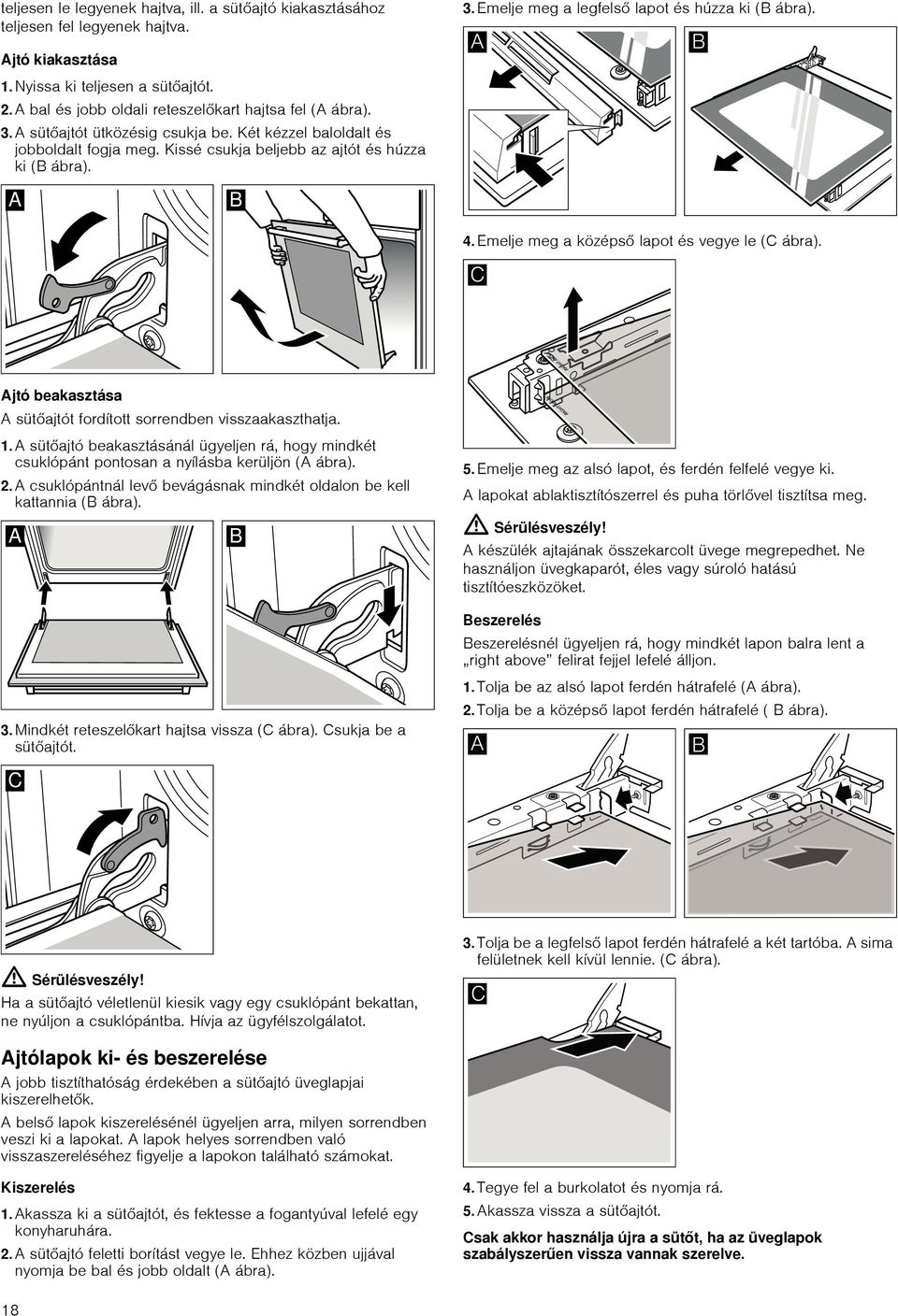 Emelje meg a középső lapot és vegye le (C ábra). Ajtó beakasztása A sütőajtót fordított sorrendben visszaakaszthatja. 1.