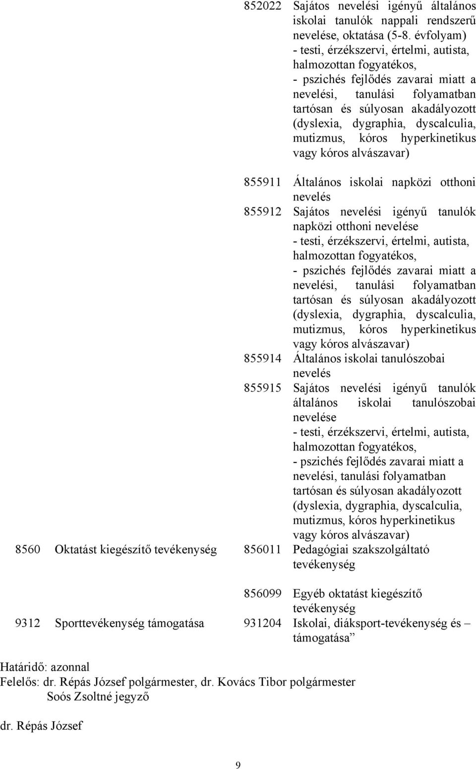 hyperkinetikus vagy kóros alvászavar) 855914 Általános iskolai tanulószobai nevelés 855915 Sajátos nevelési igényű tanulók általános iskolai tanulószobai nevelése mutizmus, kóros hyperkinetikus vagy