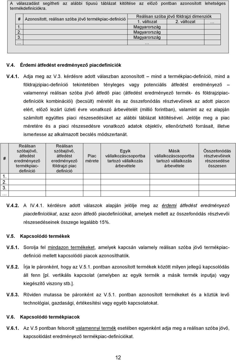 Magyarország Reálisan szóba jövő földrajzi dimenziók 1. változat 2. változat V.4. Érdemi átfedést eredményező piacdefiníciók V.4.1. Adja meg az V.3.