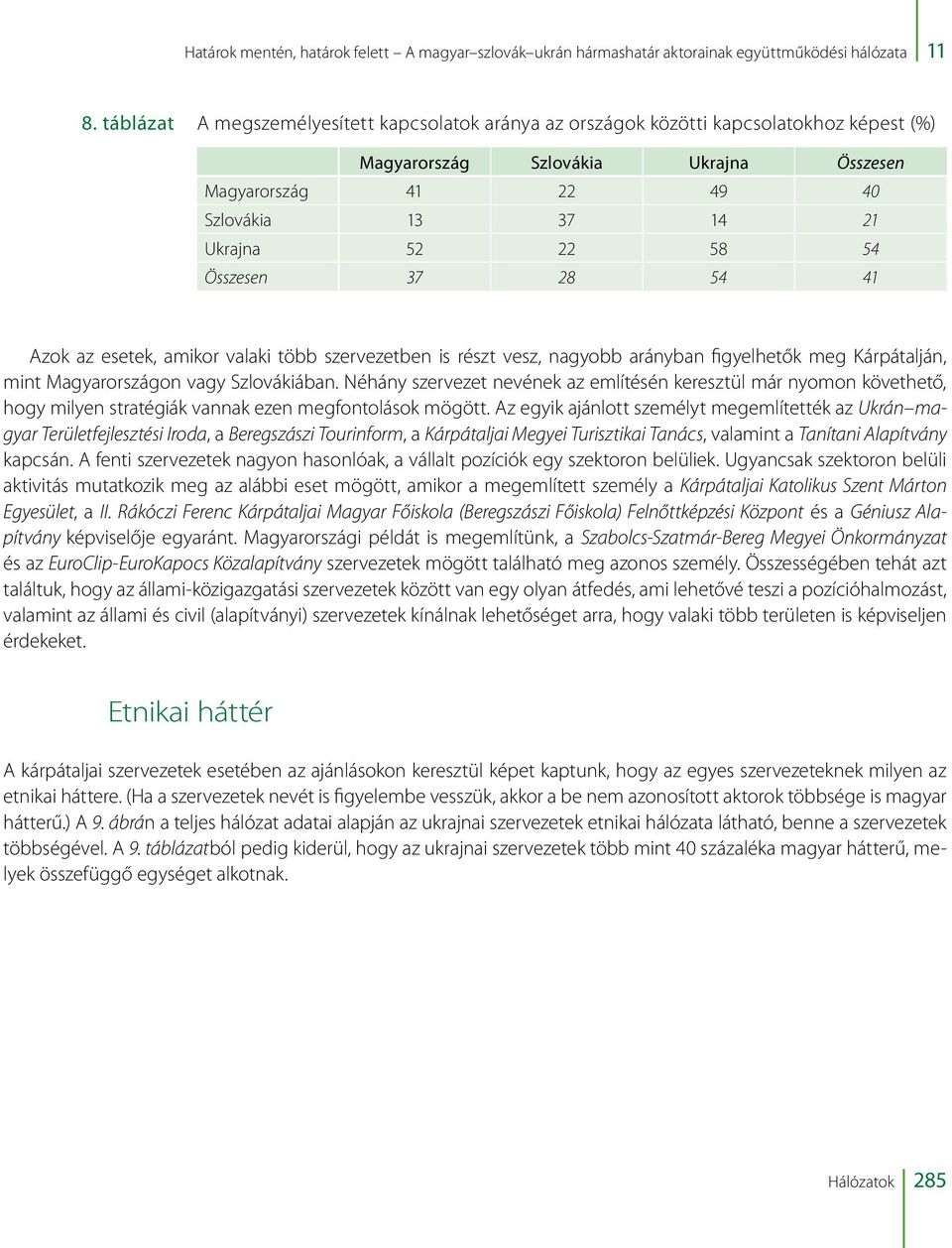 54 Összesen 37 28 54 41 Azok az esetek, amikor valaki több szervezetben is részt vesz, nagyobb arányban figyelhetők meg Kárpátalján, mint Magyarországon vagy Szlovákiában.