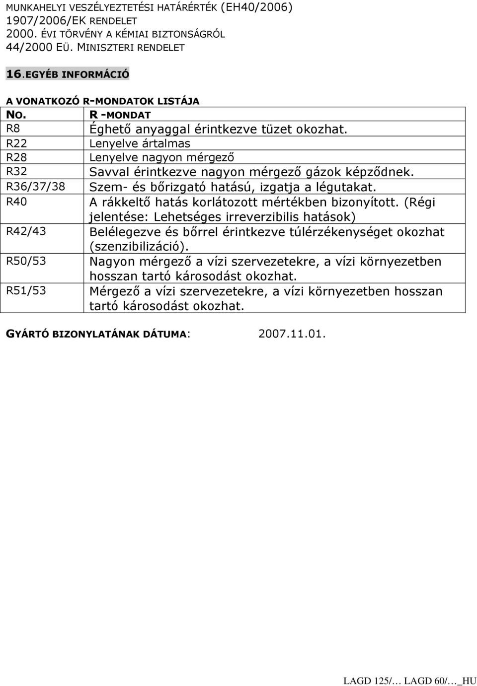 Szem- és bőrizgató hatású, izgatja a légutakat. A rákkeltő hatás korlátozott mértékben bizonyított.