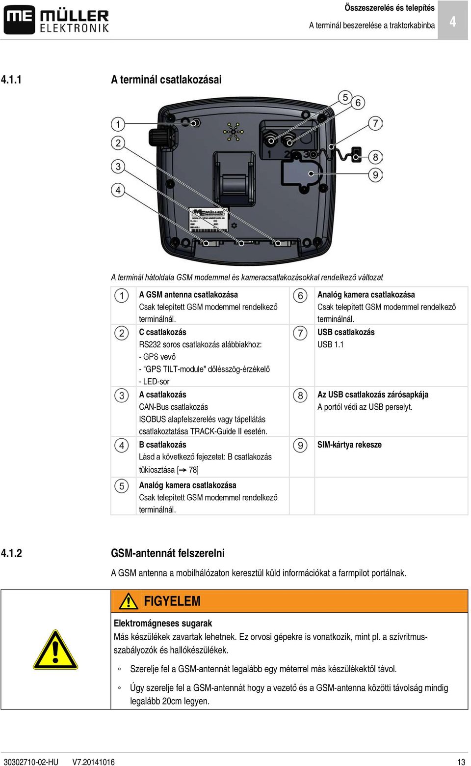 C csatlakozás RS232 soros csatlakozás alábbiakhoz: - GPS vevő - "GPS TILT-module" dőlésszög-érzékelő - LED-sor A csatlakozás CAN-Bus csatlakozás ISOBUS alapfelszerelés vagy tápellátás csatlakoztatása