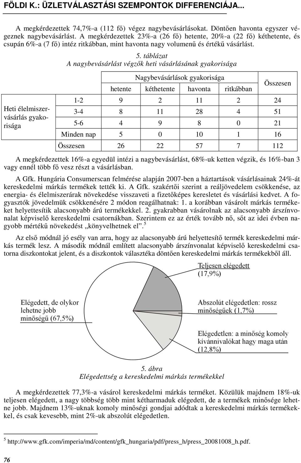 táblázat A nagybevásárlást végzık heti vásárlásának gyakorisága Nagybevásárlások gyakorisága hetente kéthetente havonta ritkábban Összesen 1-2 9 2 11 2 24 3-4 8 11 28 4 51 5-6 4 9 8 0 21 Minden nap 5