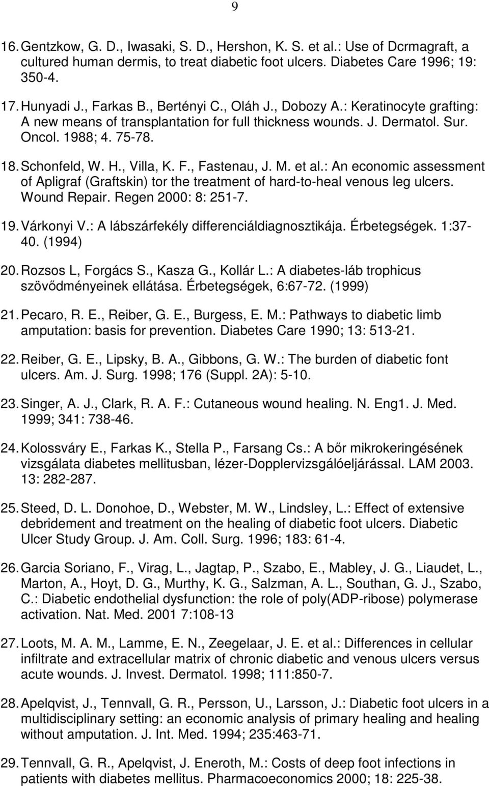 , Fastenau, J. M. et al.: An economic assessment of Apligraf (Graftskin) tor the treatment of hard-to-heal venous leg ulcers. Wound Repair. Regen 2000: 8: 251-7. 19. Várkonyi V.