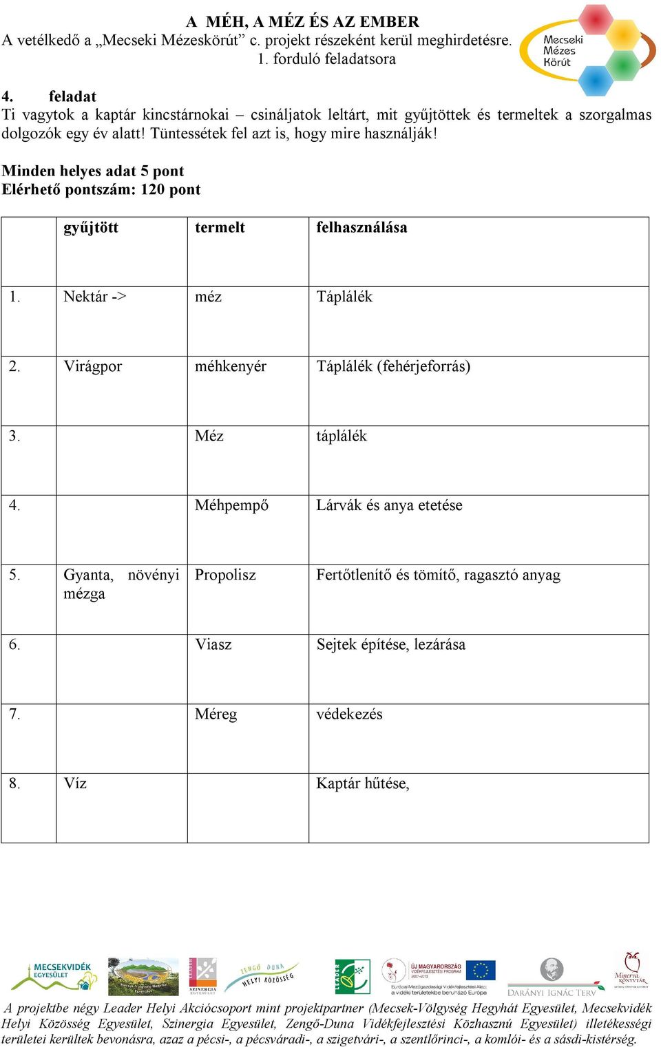 Nektár -> méz Táplálék 2. Virágpor méhkenyér Táplálék (fehérjeforrás) 3. Méz táplálék 4. Méhpempő Lárvák és anya etetése 5.