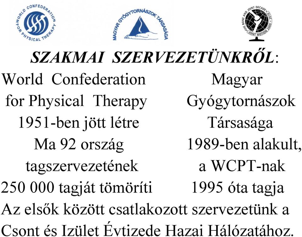 tagszervezetének a WCPT-nak 250 000 tagját tömöríti 1995 óta tagja Az elsők