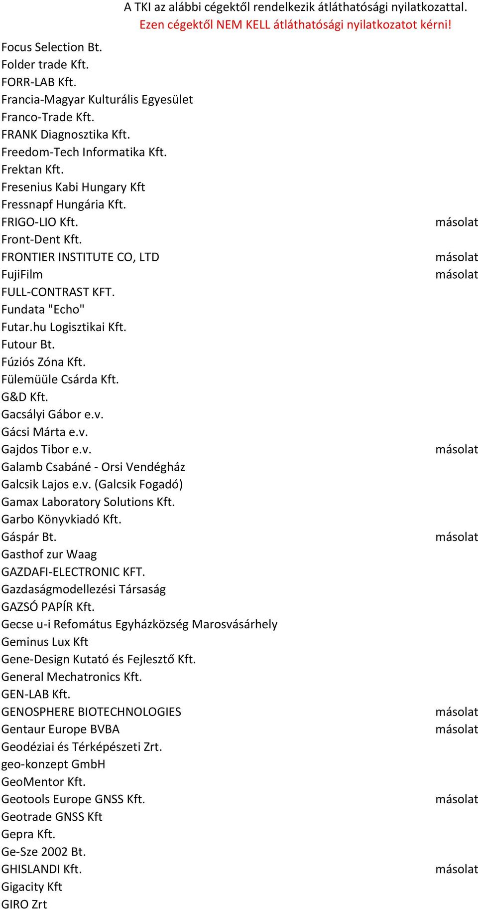 Fúziós Zóna Kft. Fülemüüle Csárda Kft. G&D Kft. Gacsályi Gábor e.v. Gácsi Márta e.v. Gajdos Tibor e.v. Galamb Csabáné - Orsi Vendégház Galcsik Lajos e.v. (Galcsik Fogadó) Gamax Laboratory Solutions Kft.