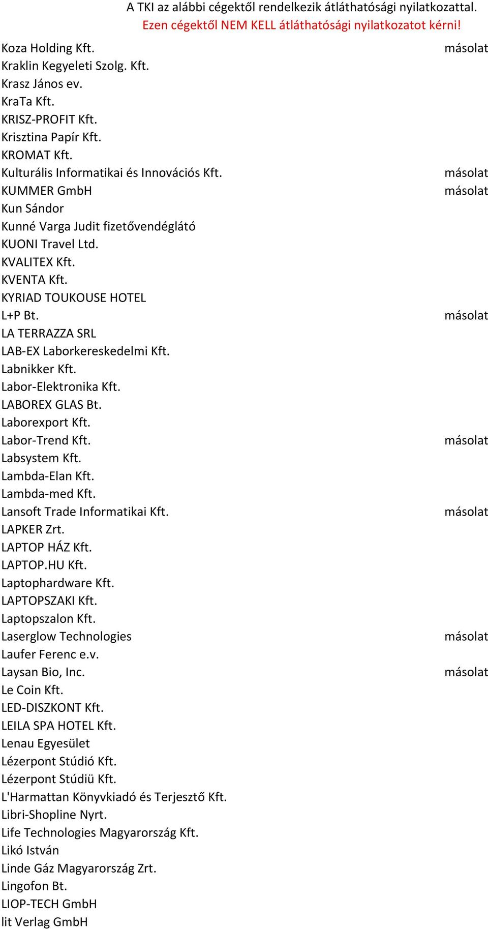 Labor-Elektronika Kft. LABOREX GLAS Bt. Laborexport Kft. Labor-Trend Kft. Labsystem Kft. Lambda-Elan Kft. Lambda-med Kft. Lansoft Trade Informatikai Kft. LAPKER Zrt. LAPTOP HÁZ Kft. LAPTOP.HU Kft.