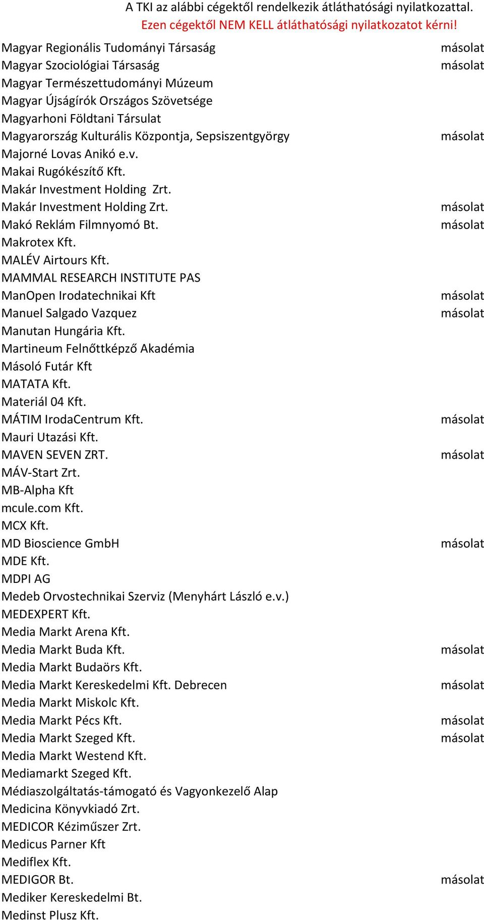 MAMMAL RESEARCH INSTITUTE PAS ManOpen Irodatechnikai Kft Manuel Salgado Vazquez Manutan Hungária Kft. Martineum Felnőttképző Akadémia Másoló Futár Kft MATATA Kft. Materiál 04 Kft.