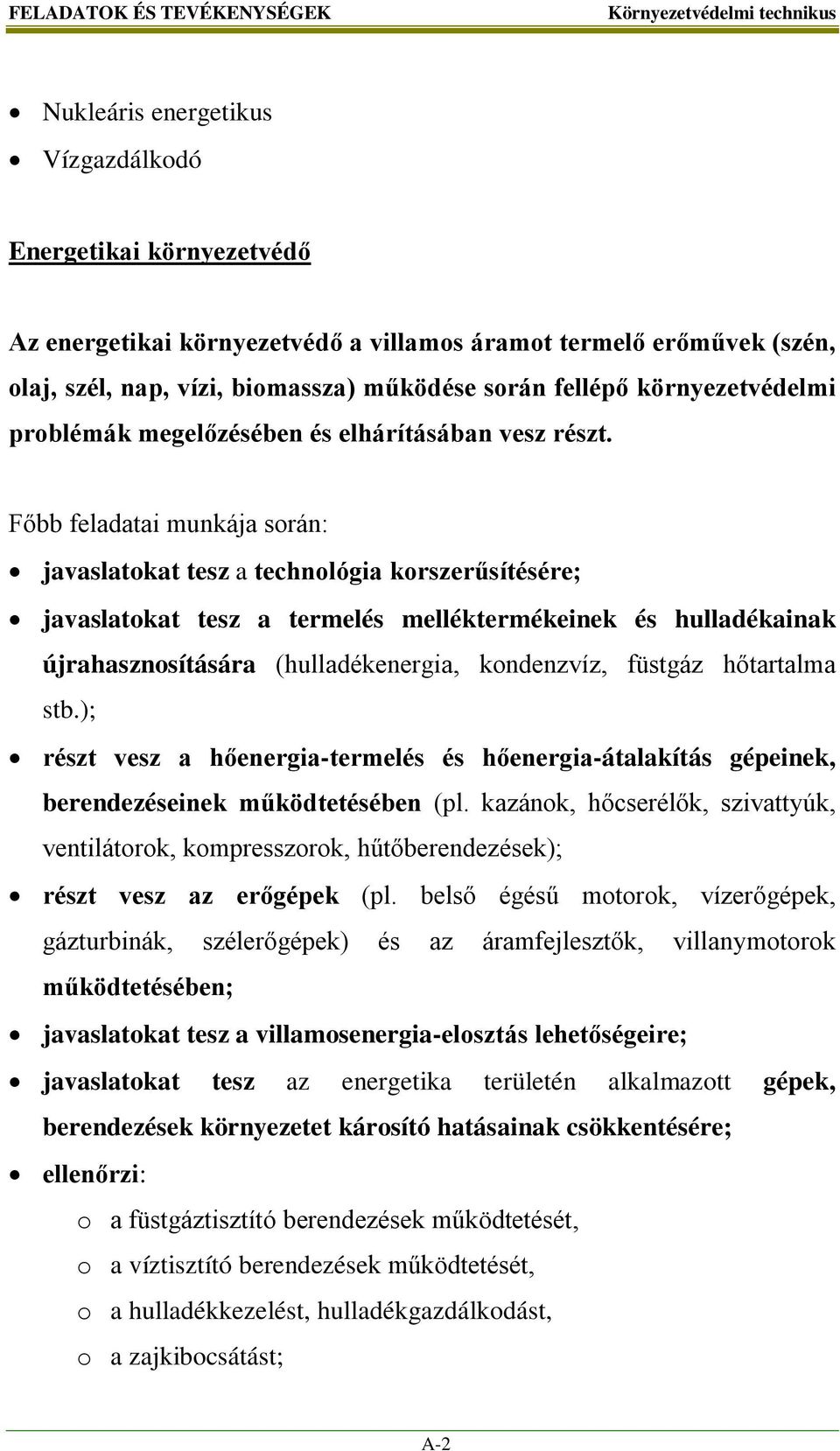 Főbb feladatai munkája során: javaslatokat tesz a technológia korszerűsítésére; javaslatokat tesz a termelés melléktermékeinek és hulladékainak újrahasznosítására (hulladékenergia, kondenzvíz,