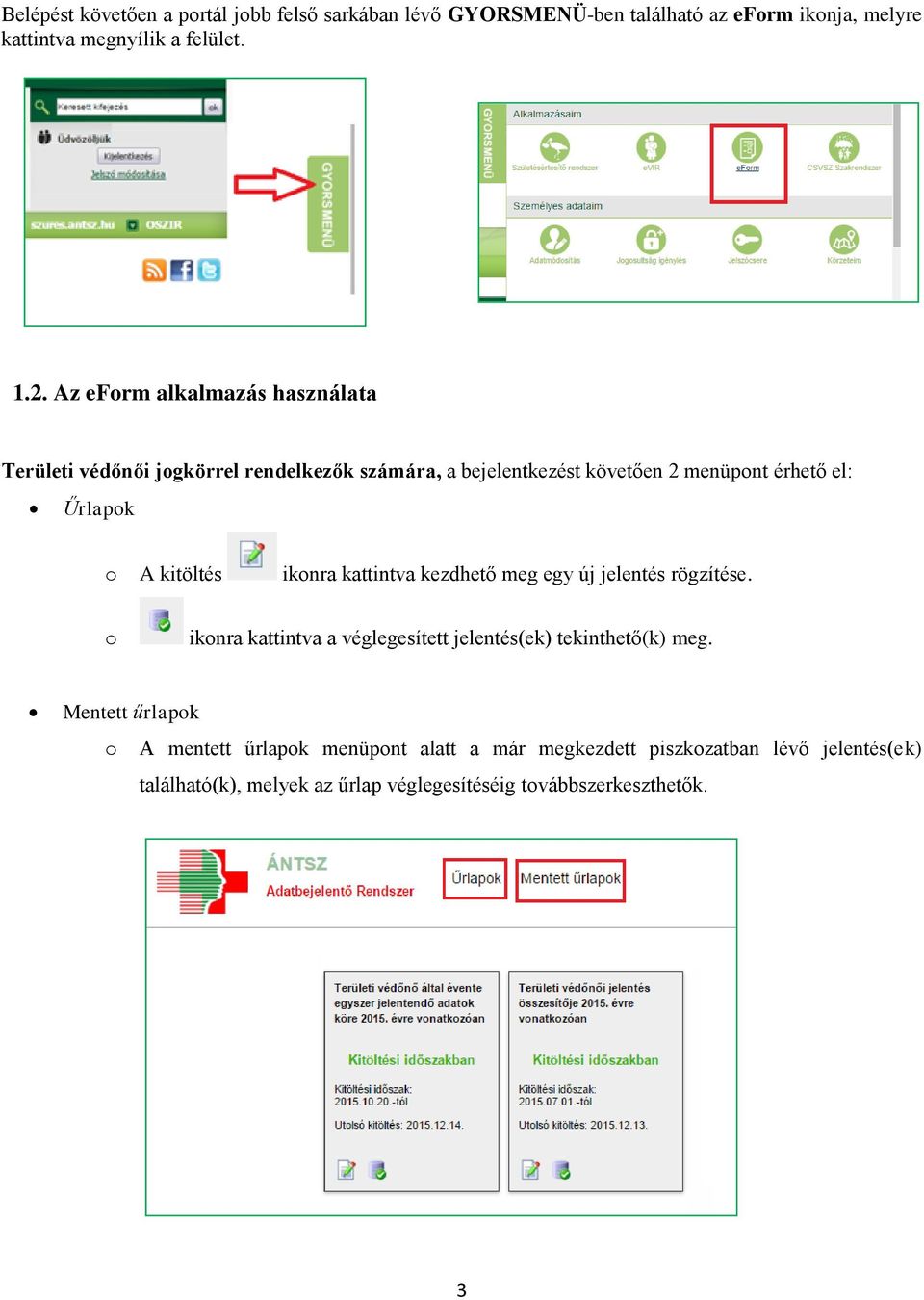 kitöltés ikonra kattintva kezdhető meg egy új jelentés rögzítése. o ikonra kattintva a véglegesített jelentés(ek) tekinthető(k) meg.