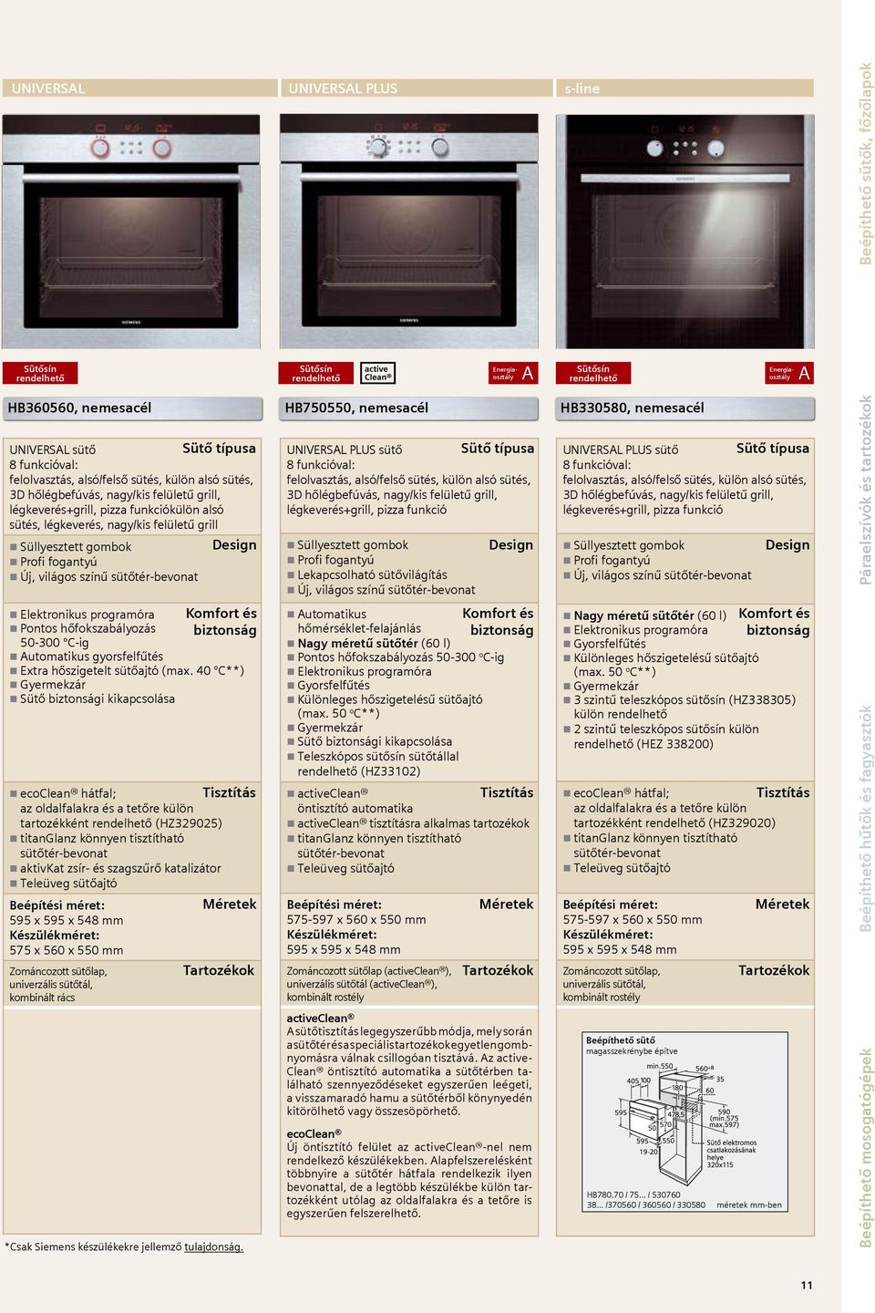 Süllyesztett gombok Profi fogantyú Új, világos színű sütőtér-bevonat HB750550, nemesacél Universal PLUS sütő Sütő típusa 8 funkcióval: felolvasztás, alsó/felső sütés, külön alsó sütés, 3D