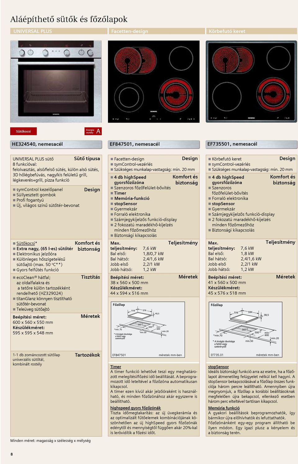 világos színű sütőtér-bevonat Sütőkocsi* Extra nagy, (65 l-es) sütőtér Elektronikus jelzőóra Különleges hőszigetelésű sütőajtó (max.