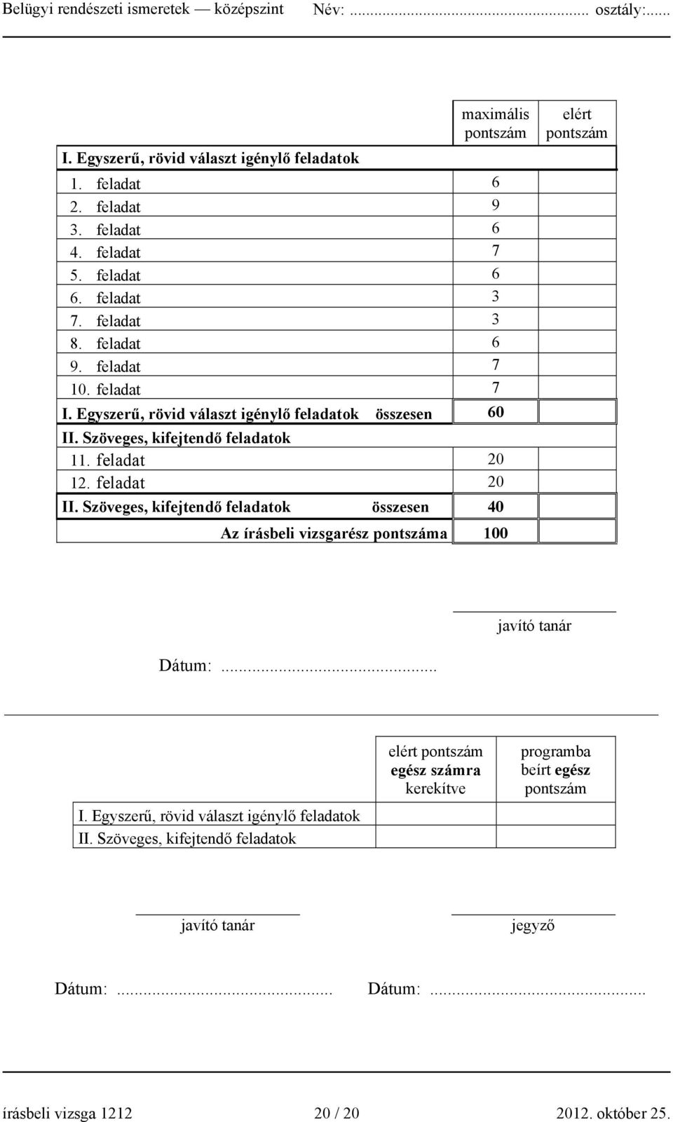 Szöveges, kifejtendő feladatok összesen 40 Az írásbeli vizsgarész pontszáma 100 elért pontszám javító tanár Dátum:... I. Egyszerű, rövid választ igénylő feladatok II.