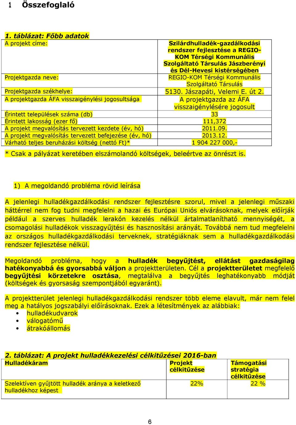 Kommunális Szolgáltató Társulás Projektgazda neve: 5. Jászapáti, Velemi E. út 2.