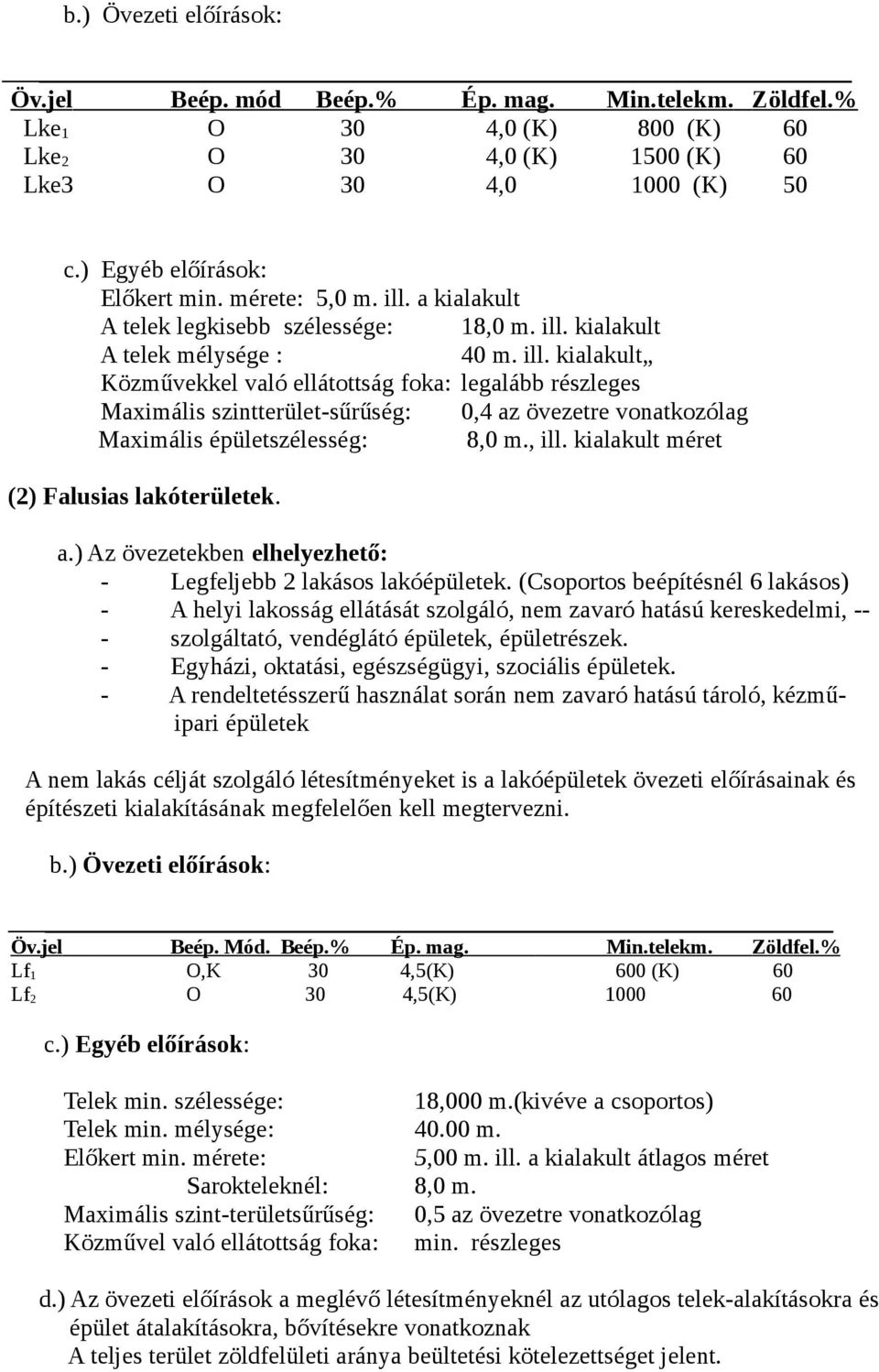 , ill. kialakult méret (2) Falusias lakóterületek. a.) Az övezetekben elhelyezhető: - Legfeljebb 2 lakásos lakóépületek.