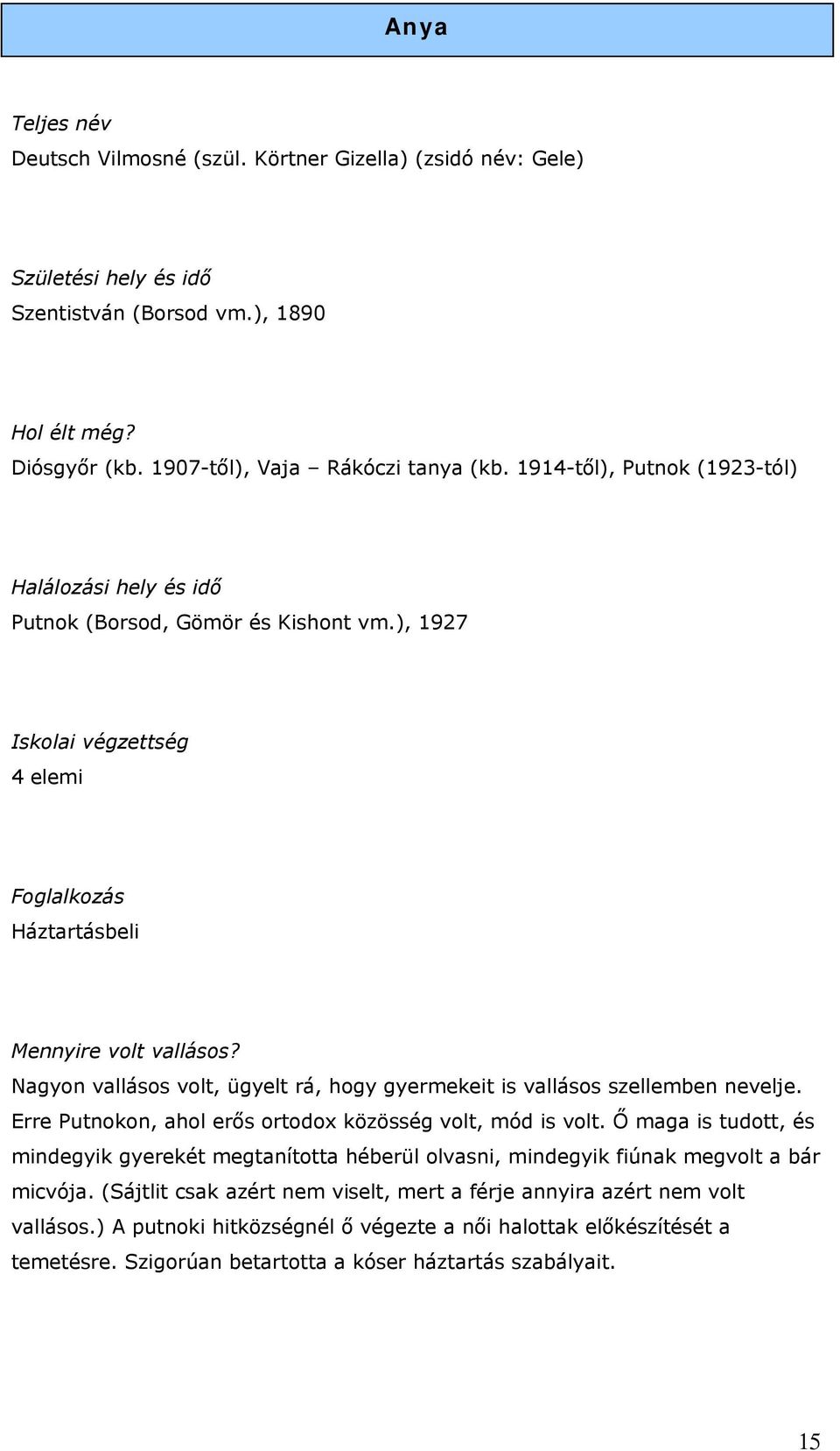 Nagyon vallásos volt, ügyelt rá, hogy gyermekeit is vallásos szellemben nevelje. Erre Putnokon, ahol erős ortodox közösség volt, mód is volt.