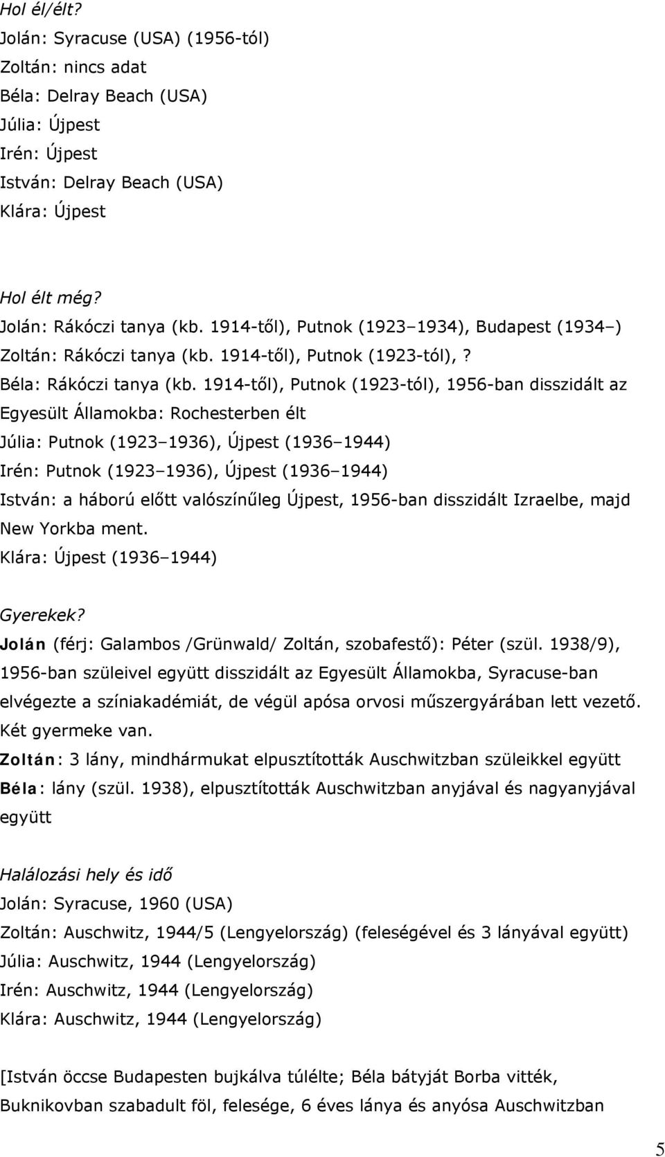 1914-től), Putnok (1923-tól), 1956-ban disszidált az Egyesült Államokba: Rochesterben élt Júlia: Putnok (1923 1936), Újpest (1936 1944) Irén: Putnok (1923 1936), Újpest (1936 1944) István: a háború