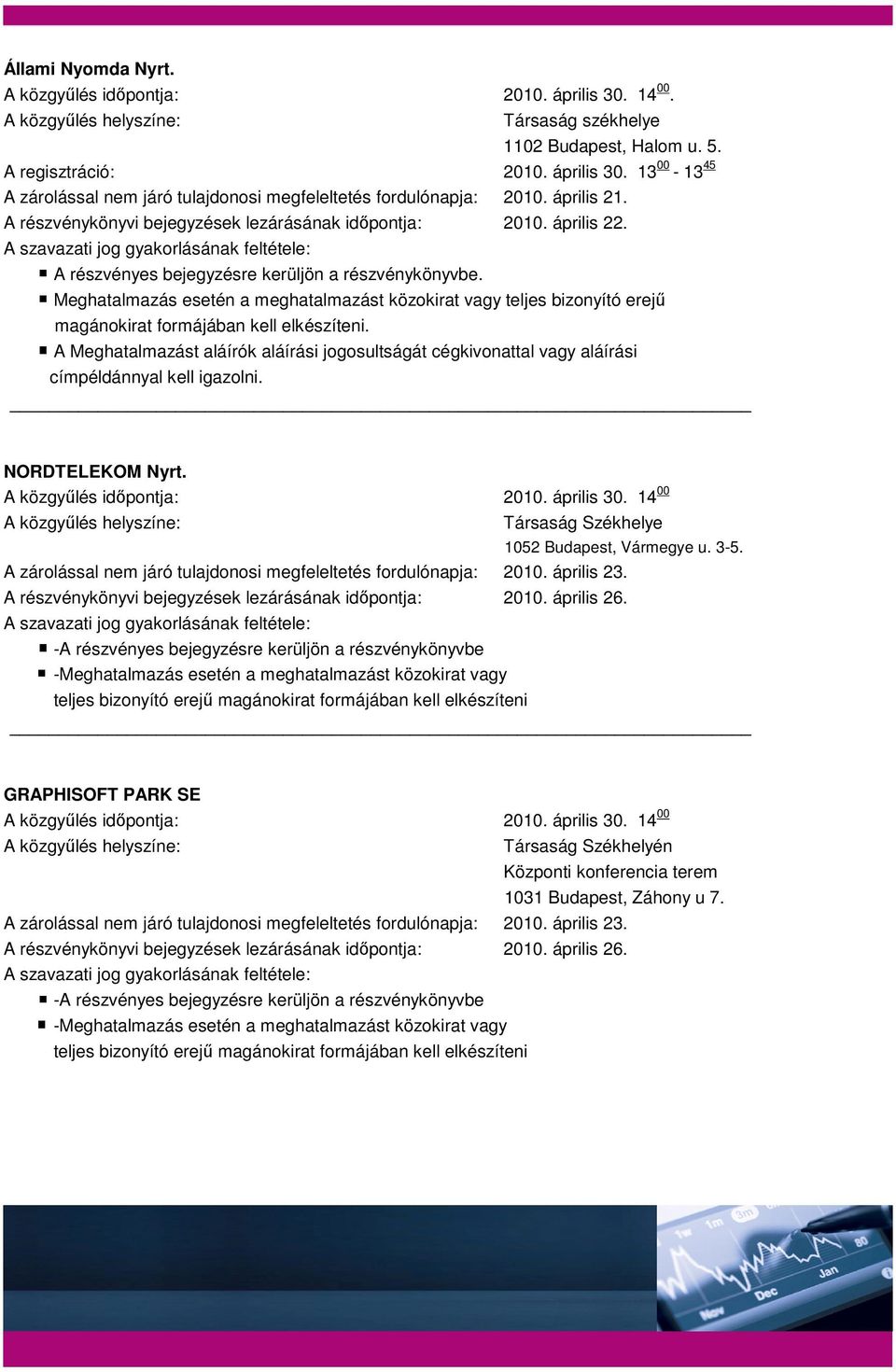 A Meghatalmazást aláírók aláírási jogosultságát cégkivonattal vagy aláírási címpéldánnyal kell igazolni. NORDTELEKOM Nyrt. A közgyűlés időpontja: 2010. április 30.