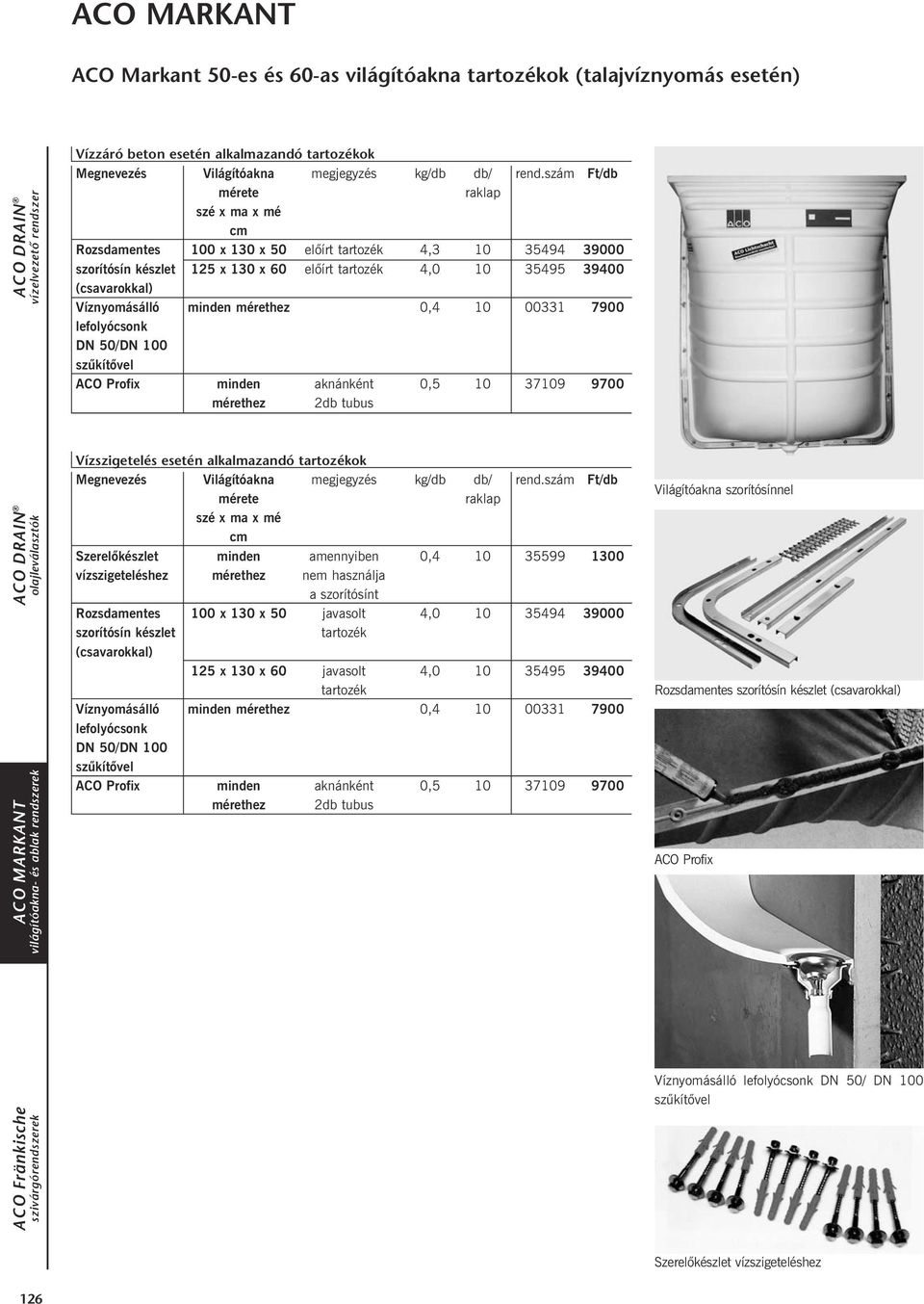 10 00331 7900 lefolyócsonk DN 50/DN 100 szûkítõvel ACO Profix minden aknánként 0,5 10 37109 9700 mérethez 2db tubus Vízszigetelés esetén alkalmazandó tartozékok Megnevezés Világítóakna megjegyzés