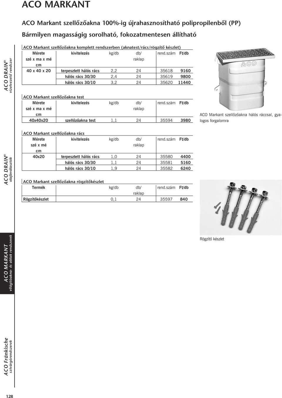 szám Ft/db 40 x 40 x 20 terpesztett hálós rács 2,2 24 35618 9160 hálós rács 30/30 2,4 24 35619 9800 hálós rács 30/10 3,2 24 35620 11440 ACO Markant szellőzőakna test Mérete kivitelezés kg/db db/ rend.