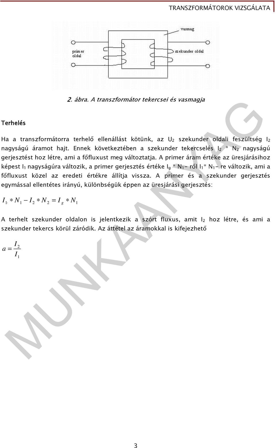 A primer áram értéke az üresjárásihoz képest I 1 nagyságúra változik, a primer gerjesztés értéke I g * N 1- rıl I 1* N 1- re változik, ami a fıfluxust közel az eredeti értékre állítja vissza.